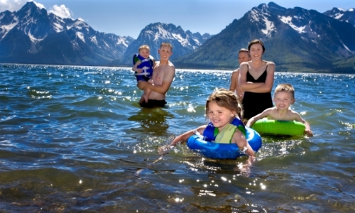 Family Kids Jackson Lake Grand Teton National Park Swimming Wyoming